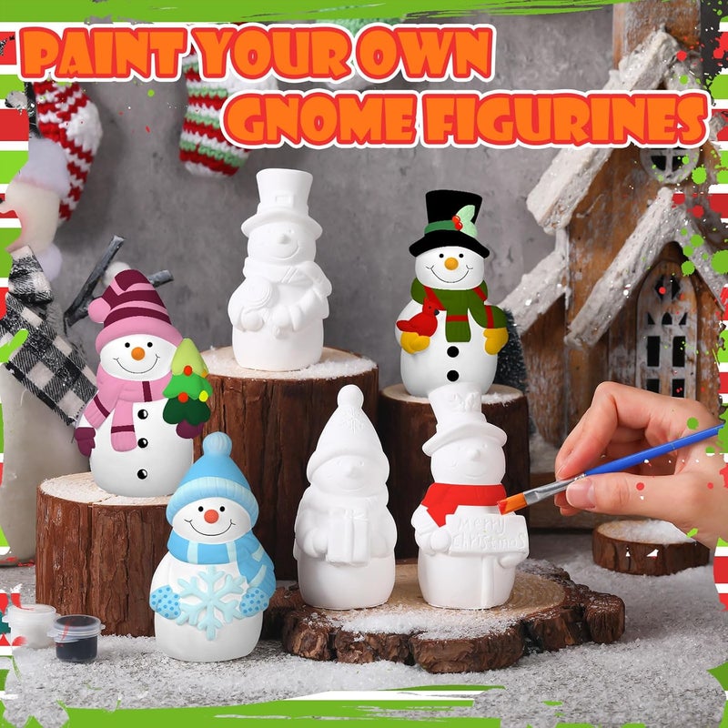 Eersida 6 Sets Winter Ceramics to Paint Ready to Your Own Ceramic Snowman Statues DIY Unpainted Paintable Winter Figurines Kit Crafts with Brush Palette for Christmas DIY - Image 4